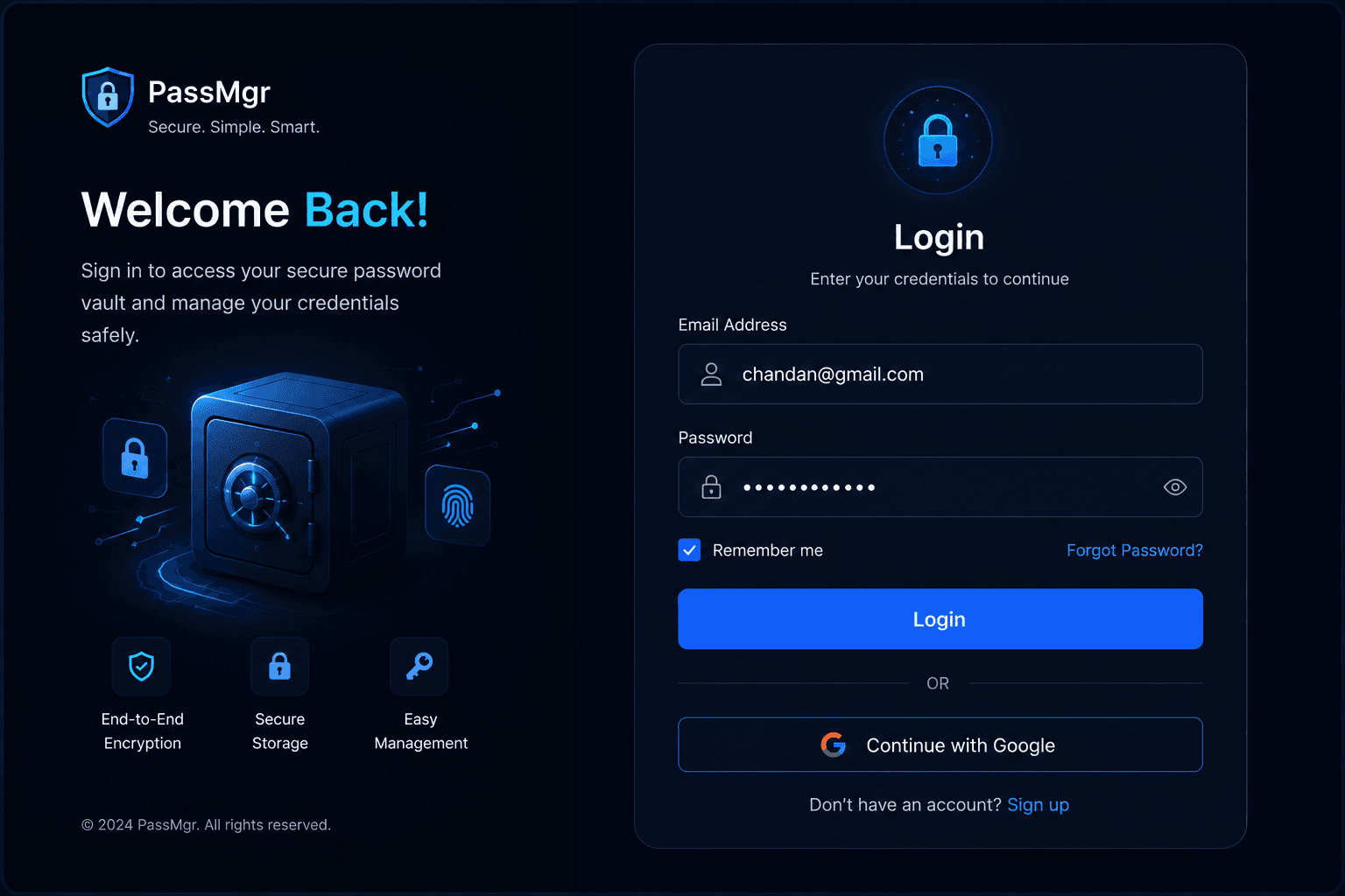 Password Management login screen